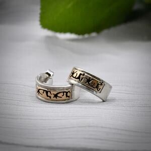 Vintage Navajo Peggy Skeets 14K Gold Sterling Silver Overlay J Hoop Earrings 925